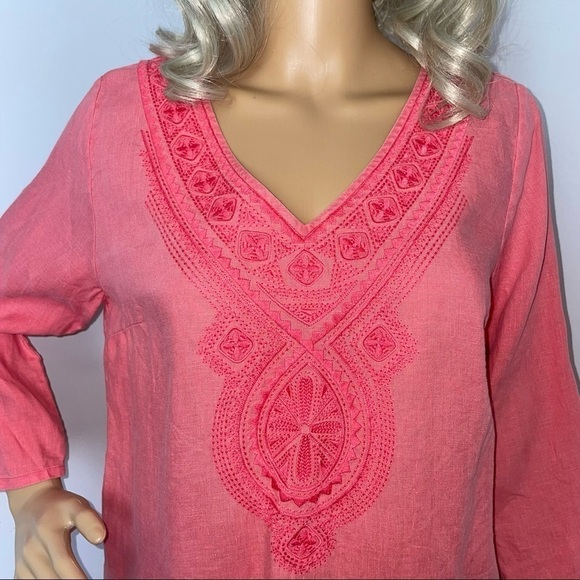 Tommy Bahama 100% Linen Tunic Embroidered V-Neck Salmon Size Small Petite - Picture 2 of 11